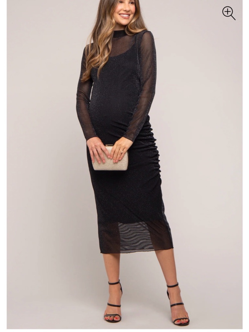 Pink-blush Maternity Black Sheer Midi Dress with Long Sleeves